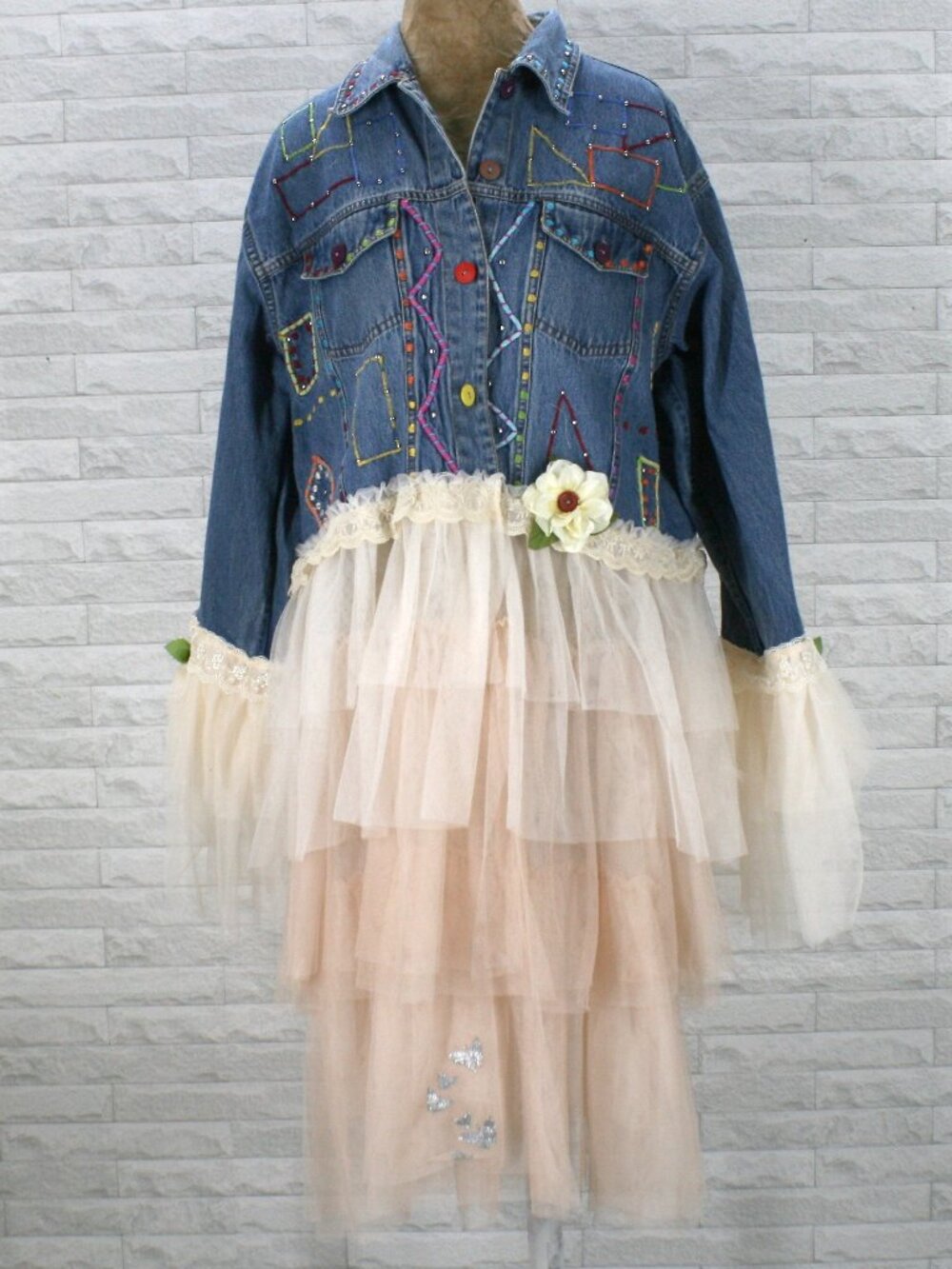 HAND CRAFTED Jacket Denim Upcycled Blue Jean Ruffles Long Tulle Ombre Large